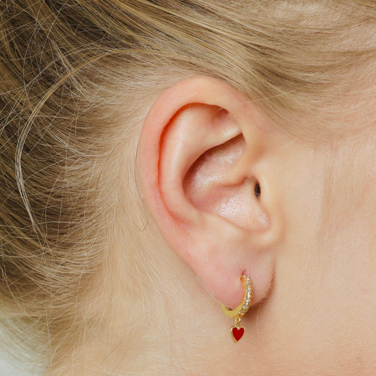 Heather | 14K Gold Vermeil Red Heart Pave Huggies