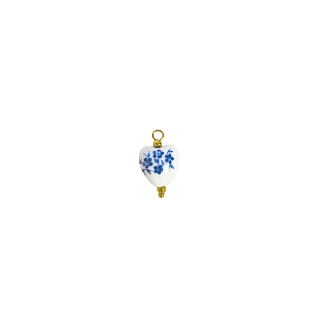 Heart Blue Floral Ceramic Charm