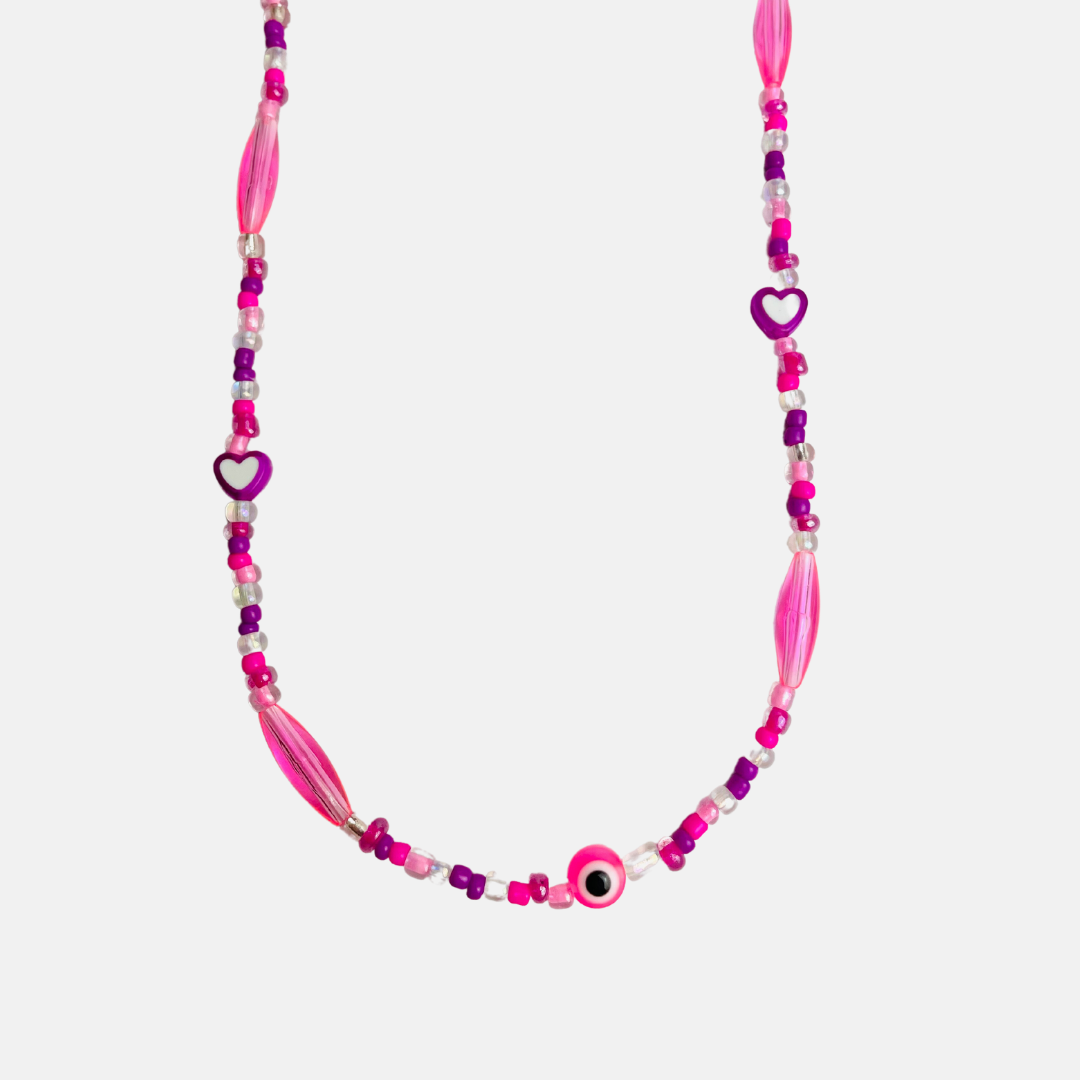 Evil Eye Beaded Pink Purple Heart Necklace