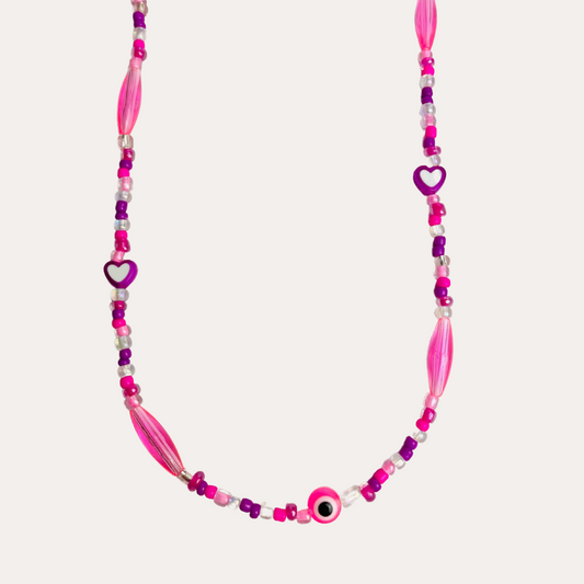 Evil Eye Beaded Pink Purple Heart Necklace